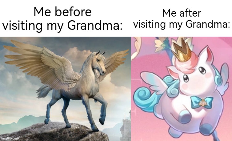 At least her foods taste amazing. | Me before visiting my Grandma:; Me after visiting my Grandma: | image tagged in before and after,grandma,memes,funny | made w/ Imgflip meme maker