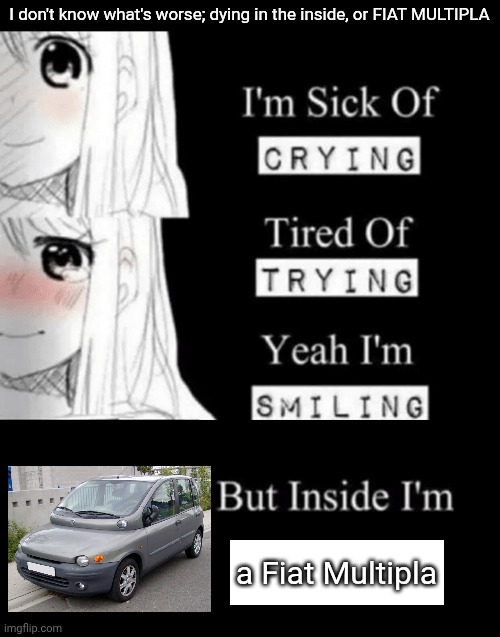 Real. | I don't know what's worse; dying in the inside, or FIAT MULTIPLA; a Fiat Multipla | image tagged in i'm sick of crying | made w/ Imgflip meme maker