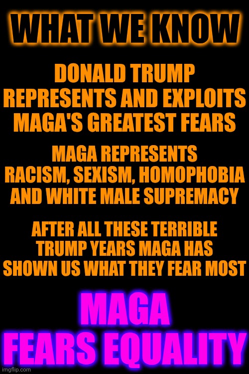 Equal In EVERY Way | WHAT WE KNOW; DONALD TRUMP REPRESENTS AND EXPLOITS MAGA'S GREATEST FEARS; MAGA REPRESENTS RACISM, SEXISM, HOMOPHOBIA AND WHITE MALE SUPREMACY; AFTER ALL THESE TERRIBLE TRUMP YEARS MAGA HAS SHOWN US WHAT THEY FEAR MOST; MAGA FEARS EQUALITY | image tagged in memes,maga,inequality,equality wins,love wins,lock trump up | made w/ Imgflip meme maker
