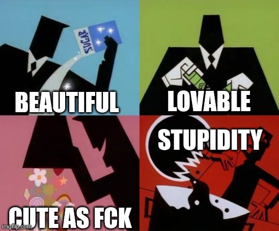 Powerpuff Girls Creation | BEAUTIFUL; LOVABLE; STUPIDITY; CUTE AS FCK | image tagged in powerpuff girls creation | made w/ Imgflip meme maker