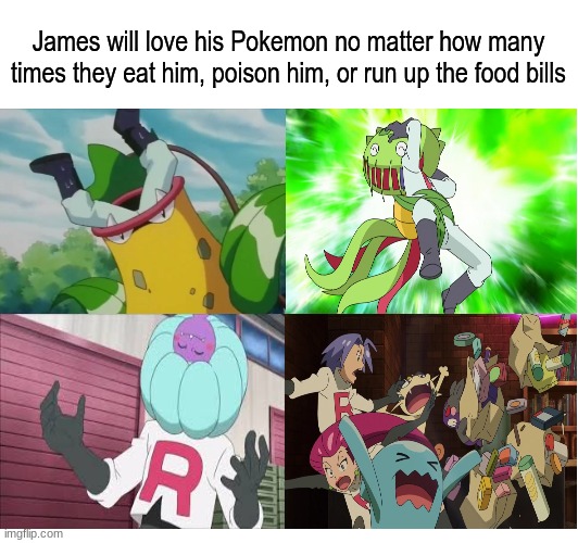 Being too nice | James will love his Pokemon no matter how many times they eat him, poison him, or run up the food bills | image tagged in memes,funny,pokemon,anime | made w/ Imgflip meme maker