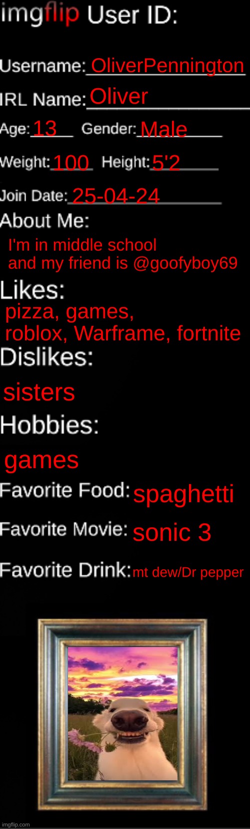 ID CARD | OliverPennington; Oliver; 13; Male; 100; 5'2; 25-04-24; I'm in middle school and my friend is @goofyboy69; pizza, games, roblox, Warframe, fortnite; sisters; games; spaghetti; sonic 3; mt dew/Dr pepper | image tagged in imgflip id card,me,id card | made w/ Imgflip meme maker