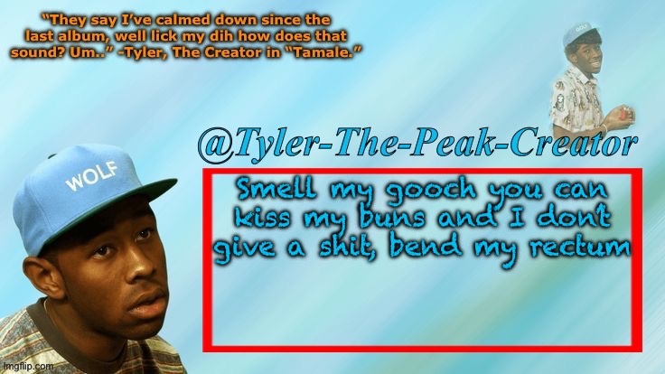 Somebody said “let’s make her dance” you think you’re getting cash no bitch you’re dumb | Smell my gooch you can kiss my buns and I don’t give a shit, bend my rectum | image tagged in tyler-the-peak-creator s announcement temp | made w/ Imgflip meme maker