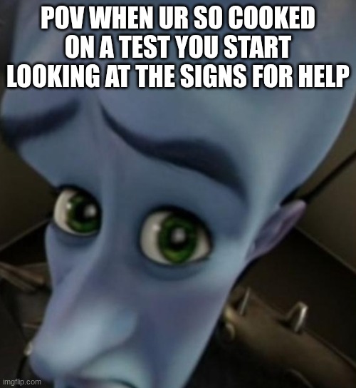 Megamind no bitches | POV WHEN UR SO COOKED ON A TEST YOU START LOOKING AT THE SIGNS FOR HELP | image tagged in megamind no bitches | made w/ Imgflip meme maker