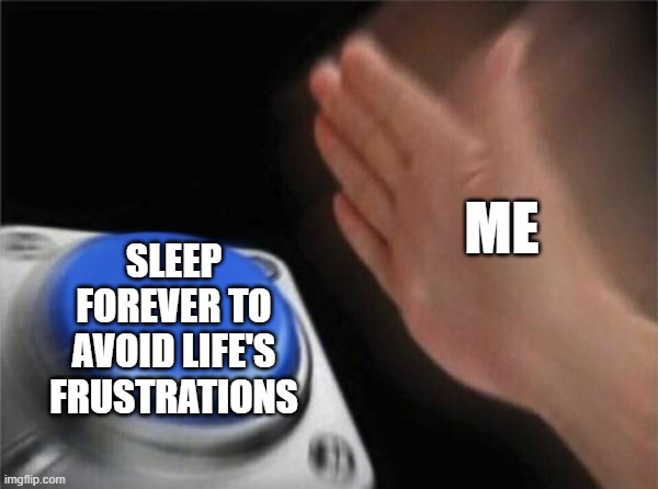 Blank Nut Button Meme | ME; SLEEP FOREVER TO AVOID LIFE'S FRUSTRATIONS | image tagged in memes,blank nut button,life,frustration,sleep | made w/ Imgflip meme maker