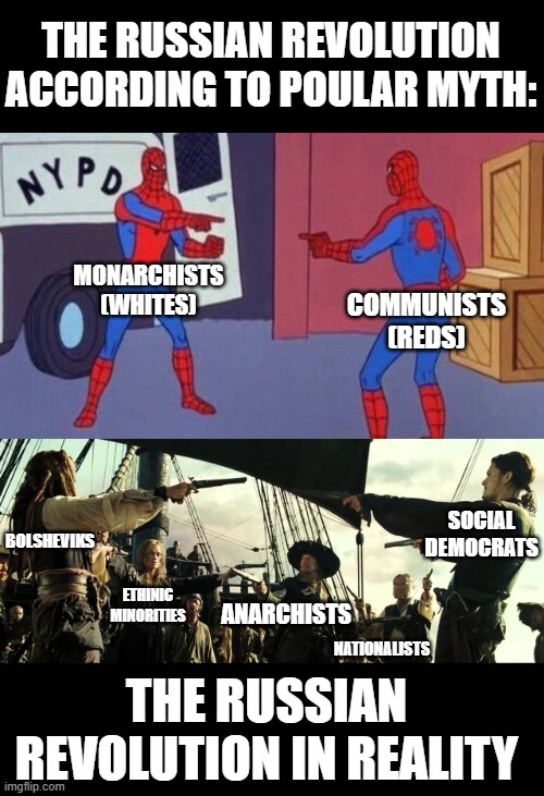 The Real Revolution | THE RUSSIAN REVOLUTION ACCORDING TO POULAR MYTH:; COMMUNISTS (REDS); MONARCHISTS (WHITES); SOCIAL DEMOCRATS; BOLSHEVIKS; ETHINIC MINORITIES; ANARCHISTS; NATIONALISTS; THE RUSSIAN REVOLUTION IN REALITY | image tagged in spiderman pointing at spiderman,pirates of the carribean mexican face off | made w/ Imgflip meme maker