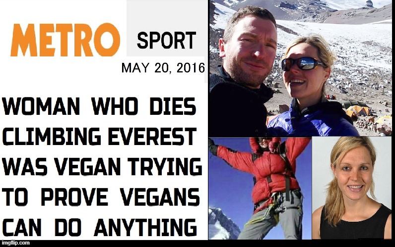 The Ultimate Irony: Mount Everest Claims Vegan's Life | image tagged in vince vance,mountain climber,vegan,dies,memes,mount everest | made w/ Imgflip meme maker