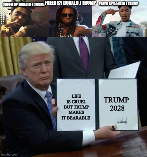 Hip hop hero | FREED BY DONALD J TRUMP; FREED BY DONALD J TRUMP; FREED BY DONALD J TRUMP; LIFE IS CRUEL BUT TRUMP MAKES IT BEARABLE; TRUMP 
2028 | image tagged in lil wayne,memes,trump bill signing | made w/ Imgflip meme maker