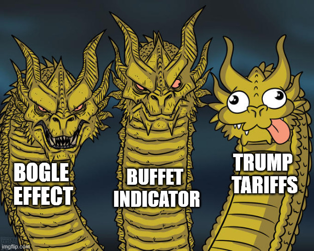 Finance meme | TRUMP 
TARIFFS; BOGLE 
EFFECT; BUFFET 
INDICATOR | image tagged in three-headed dragon,economy,economics,finance | made w/ Imgflip meme maker
