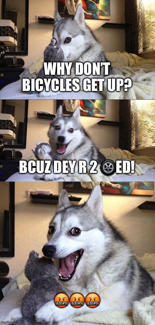 Weird joke | WHY DON’T BICYCLES GET UP? BCUZ DEY R 2 🛞ED! 🤬🤬🤬🤬 | image tagged in memes,bad pun dog,wierd,stupid | made w/ Imgflip meme maker