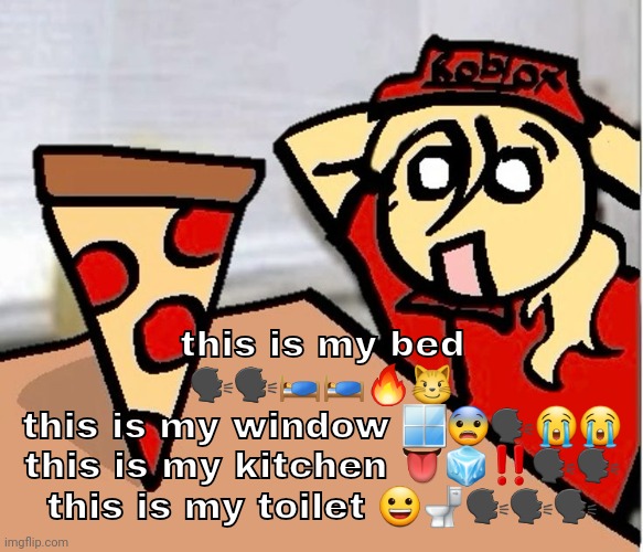 PIZA?!??!??????? | this is my bed 🗣🗣🛌🛌🔥😼
this is my window 🪟😨🗣😭😭
this is my kitchen 👅🧊‼️🗣🗣
this is my toilet 😀🚽🗣🗣🗣 | image tagged in piza | made w/ Imgflip meme maker