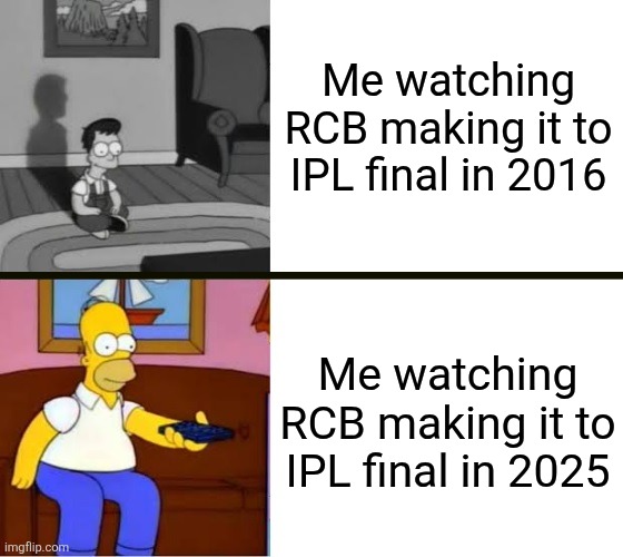 Me watching RCB over the years | Me watching RCB making it to IPL final in 2016; Me watching RCB making it to IPL final in 2025 | image tagged in young and old homer simpson watch tv | made w/ Imgflip meme maker