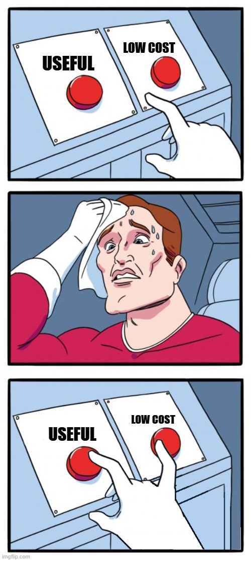 Two buttons pressed | LOW COST; USEFUL; LOW COST; USEFUL | image tagged in two buttons pressed | made w/ Imgflip meme maker