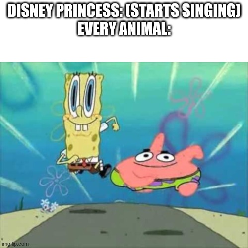 Escaping from Disney Princess Song | DISNEY PRINCESS: (STARTS SINGING)
EVERY ANIMAL: | image tagged in spongebob and patrick running,disney princess,animal,escape,sing | made w/ Imgflip meme maker