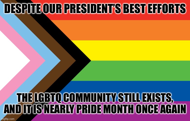 Sorry not sorry red hats | DESPITE OUR PRESIDENT’S BEST EFFORTS; THE LGBTQ COMMUNITY STILL EXISTS, AND IT IS NEARLY PRIDE MONTH ONCE AGAIN | made w/ Imgflip meme maker