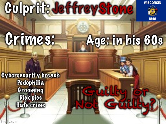 They're judging you | Culprit:; Jeffrey; Stone; Crimes:; Age: in his 60s; Cybersecurity breach
Pedophilia
Grooming
Dick pics
Hate crime; Guilty or Not Guilty? | image tagged in they're judging you | made w/ Imgflip meme maker