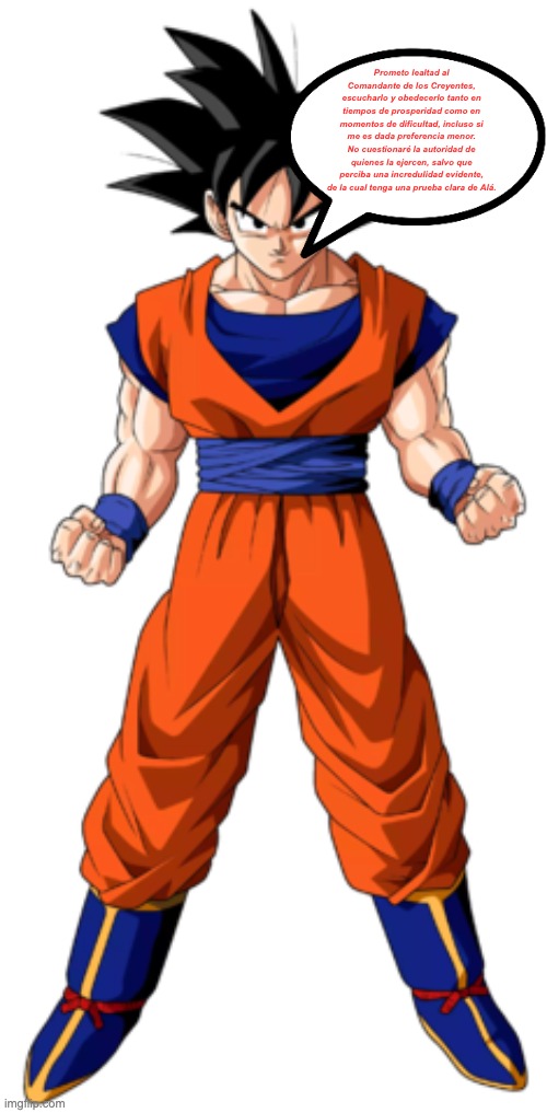 goku | Prometo lealtad al Comandante de los Creyentes, escucharlo y obedecerlo tanto en tiempos de prosperidad como en momentos de dificultad, incluso si me es dada preferencia menor. No cuestionaré la autoridad de quienes la ejercen, salvo que perciba una incredulidad evidente, de la cual tenga una prueba clara de Alá. | image tagged in goku what are your pronouns stance | made w/ Imgflip meme maker