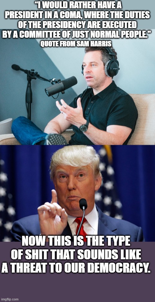 Basically admitting that they don't care who is in charge as long as they are.  MAGA2028 #3rdtermsoundsgoodtome | “I WOULD RATHER HAVE A PRESIDENT IN A COMA, WHERE THE DUTIES OF THE PRESIDENCY ARE EXECUTED BY A COMMITTEE OF JUST NORMAL PEOPLE."; QUOTE FROM SAM HARRIS; NOW THIS IS THE TYPE OF SHIT THAT SOUNDS LIKE A THREAT TO OUR DEMOCRACY. | image tagged in donald trump,donald trump approves,maga,stupid liberals,funny memes,political meme | made w/ Imgflip meme maker