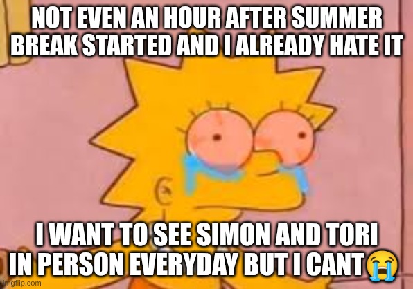 crying Lisa simpson | NOT EVEN AN HOUR AFTER SUMMER BREAK STARTED AND I ALREADY HATE IT; I WANT TO SEE SIMON AND TORI IN PERSON EVERYDAY BUT I CANT😭 | image tagged in crying lisa simpson | made w/ Imgflip meme maker