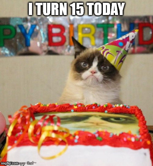 YAYYYYY | I TURN 15 TODAY | image tagged in memes,grumpy cat birthday,grumpy cat,birthday,2015 | made w/ Imgflip meme maker