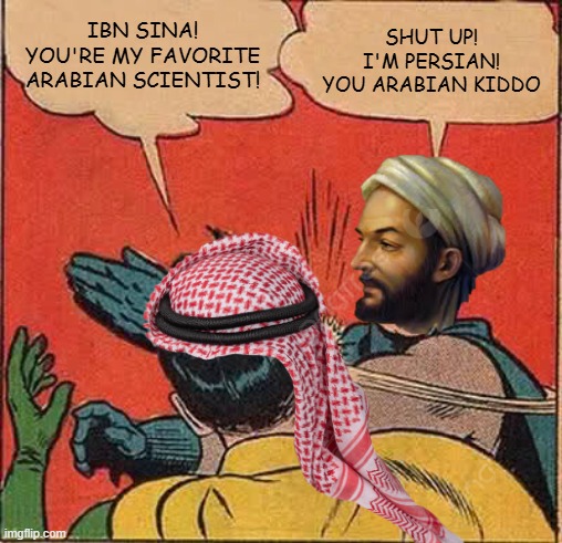 Aww How Cute, a Persian Slapping an Arab | IBN SINA! YOU'RE MY FAVORITE ARABIAN SCIENTIST! SHUT UP! I'M PERSIAN! YOU ARABIAN KIDDO | image tagged in memes,batman slapping robin,history,iran,iranian,arab | made w/ Imgflip meme maker