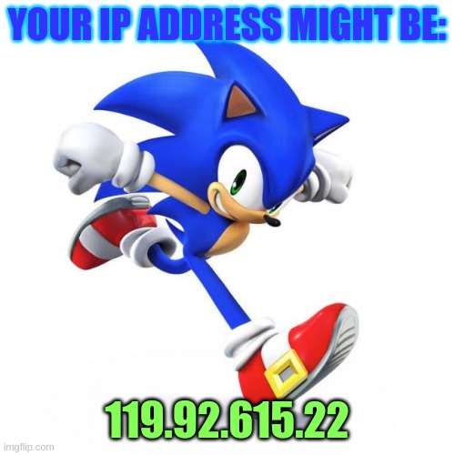Sonic is guessing your ip | YOUR IP ADDRESS MIGHT BE:; 119.92.615.22 | image tagged in sonic,ip address,i found your ip i think,as im sonic,i can find ips | made w/ Imgflip meme maker