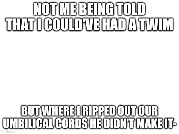 I'm a murderer :> | NOT ME BEING TOLD THAT I COULD'VE HAD A TWIM; BUT WHERE I RIPPED OUT OUR UMBILICAL CORDS HE DIDN'T MAKE IT- | made w/ Imgflip meme maker