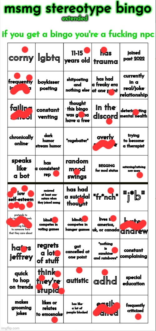 msmg stereotype bingo (extended) | image tagged in msmg stereotype bingo extended | made w/ Imgflip meme maker