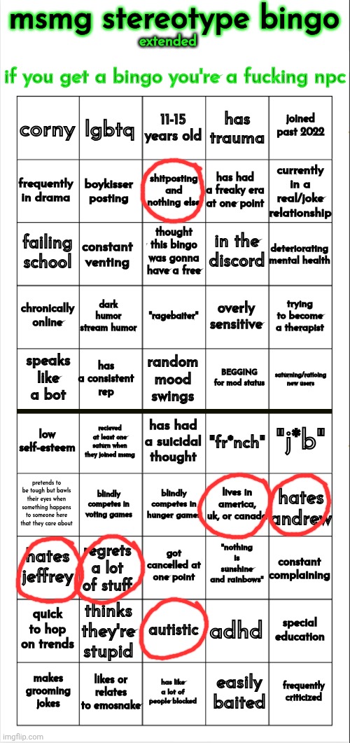 msmg stereotype bingo (extended) | image tagged in msmg stereotype bingo extended | made w/ Imgflip meme maker