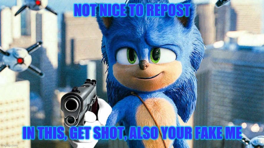 sonic with a gun | NOT NICE TO REPOST IN THIS, GET SHOT, ALSO YOUR FAKE ME | image tagged in sonic with a gun | made w/ Imgflip meme maker