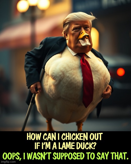 HOW CAN I CHICKEN OUT 
IF I'M A LAME DUCK? OOPS, I WASN'T SUPPOSED TO SAY THAT. | image tagged in trump,chicken,duck,animal | made w/ Imgflip meme maker