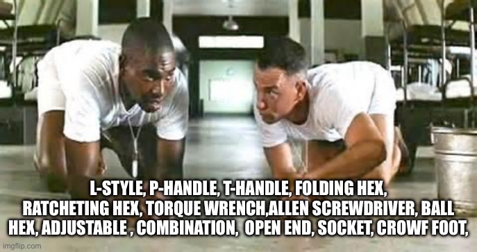 bubba gump shrimp | L-STYLE, P-HANDLE, T-HANDLE, FOLDING HEX, RATCHETING HEX, TORQUE WRENCH,ALLEN SCREWDRIVER, BALL HEX, ADJUSTABLE , COMBINATION,  OPEN END, SOCKET, CROWF FOOT, | image tagged in bubba gump shrimp | made w/ Imgflip meme maker