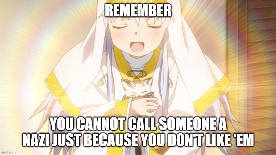 Index acting Holy | REMEMBER; YOU CANNOT CALL SOMEONE A NAZI JUST BECAUSE YOU DON'T LIKE 'EM | image tagged in index acting holy,anime,nazi,fascism | made w/ Imgflip meme maker