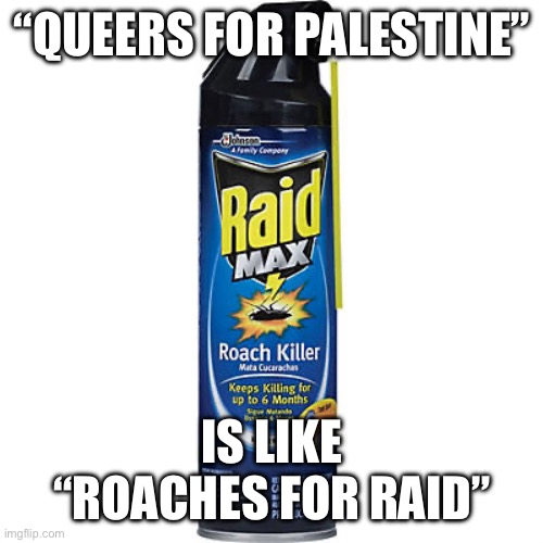 Roaches for Raid | “QUEERS FOR PALESTINE”; IS LIKE “ROACHES FOR RAID” | image tagged in raid max roach killer,raid,cockroaches,gay,palestine,queer | made w/ Imgflip meme maker