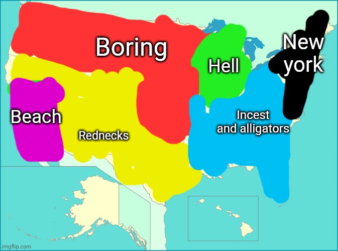 usa map | New york; Hell; Boring; Beach; Incest and alligators; Rednecks | image tagged in usa map | made w/ Imgflip meme maker