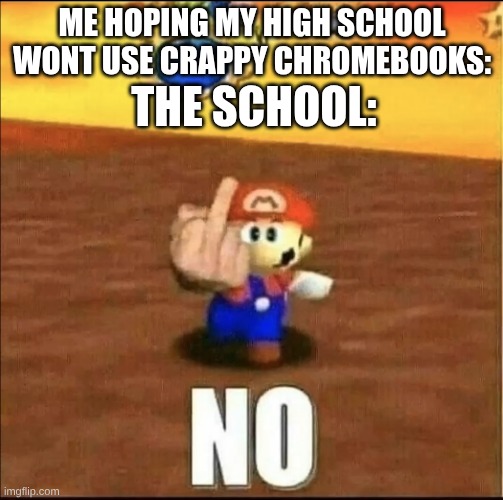 Mario Flips You Off | ME HOPING MY HIGH SCHOOL WONT USE CRAPPY CHROMEBOOKS:; THE SCHOOL: | image tagged in mario flips you off | made w/ Imgflip meme maker