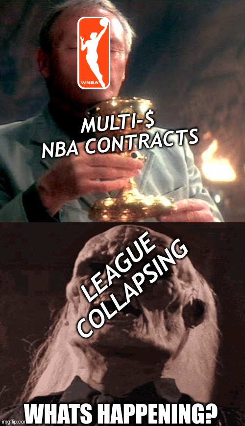 WNBA meme | MULTI-$ NBA CONTRACTS; LEAGUE COLLAPSING; WHATS HAPPENING? | image tagged in memes,nba,basketball meme,basketball,sports,indiana jones | made w/ Imgflip meme maker