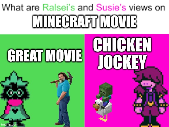 MINECRAFT | MINECRAFT MOVIE; CHICKEN JOCKEY; GREAT MOVIE | image tagged in ralsei and susie | made w/ Imgflip meme maker