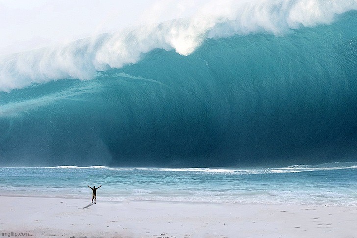 How it feels when I flip the pancake when I accidentally put too much oil in the pan and a wave of scalding oil comes flying | image tagged in tsunami | made w/ Imgflip meme maker