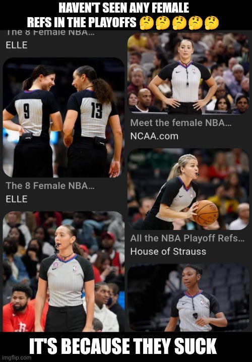 Wnba meh | HAVEN'T SEEN ANY FEMALE REFS IN THE PLAYOFFS 🤔🤔🤔🤔🤔; IT'S BECAUSE THEY SUCK | image tagged in nba,nba memes | made w/ Imgflip meme maker
