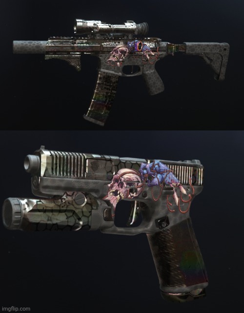 Here's UO's firearms after prestige. Please note the camo is a sign of the prestige. | image tagged in jailbreaker prestiged,old memories prestiged | made w/ Imgflip meme maker