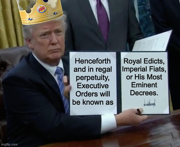 Trump Fiat Signing. | Royal Edicts,
Imperial Fiats,
or His Most
Eminent
Decrees. Henceforth
and in regal
perpetuity,
Executive
Orders will
be known as | image tagged in memes,trump bill signing,burgermeister meisterburger | made w/ Imgflip meme maker