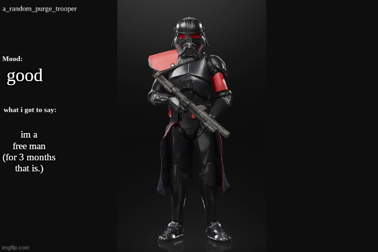 im outta school!!!!! | good; im a free man (for 3 months that is.) | image tagged in a_random_purge_trooper temp | made w/ Imgflip meme maker