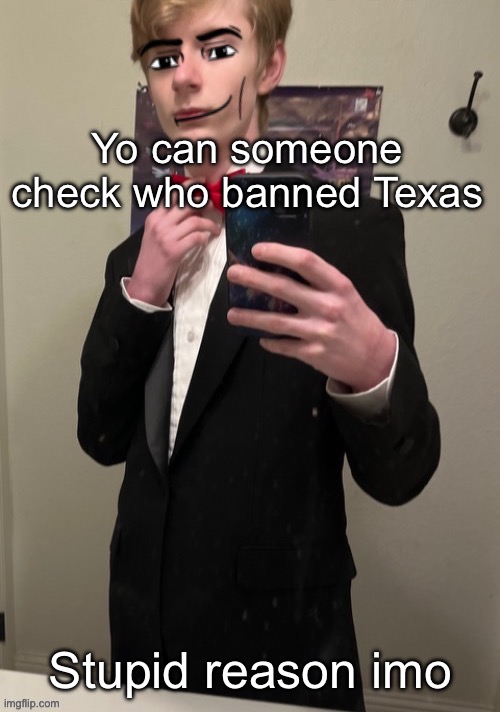 (He’s whining to me on mc) | Yo can someone check who banned Texas; Stupid reason imo | image tagged in virian man face 4 | made w/ Imgflip meme maker