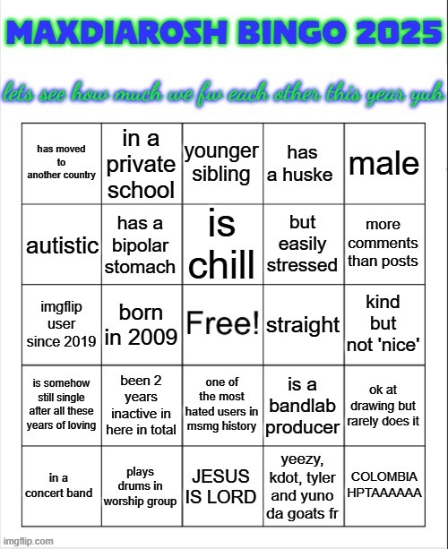 run up ma bingo | image tagged in maxdiarosh 2025 bingo | made w/ Imgflip meme maker