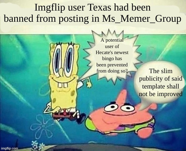 Spongebob $5 footlong | Imgflip user Texas had been banned from posting in Ms_Memer_Group A potential user of Hecate's newest bingo has been prevented from doing so | image tagged in spongebob 5 footlong | made w/ Imgflip meme maker