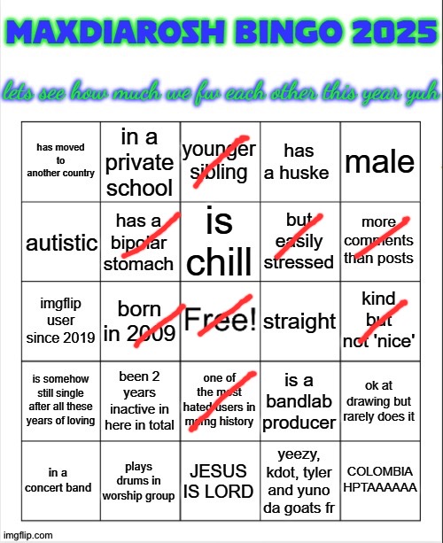 MAXDIAROSH 2025 BINGO | image tagged in maxdiarosh 2025 bingo | made w/ Imgflip meme maker