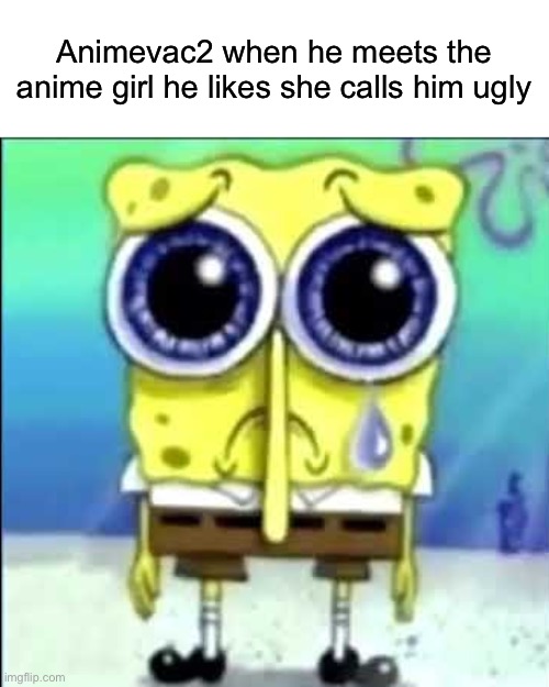 he probably has the 1x2 Lego piece build | Animevac2 when he meets the anime girl he likes she calls him ugly | image tagged in sad spongebob,msmg | made w/ Imgflip meme maker