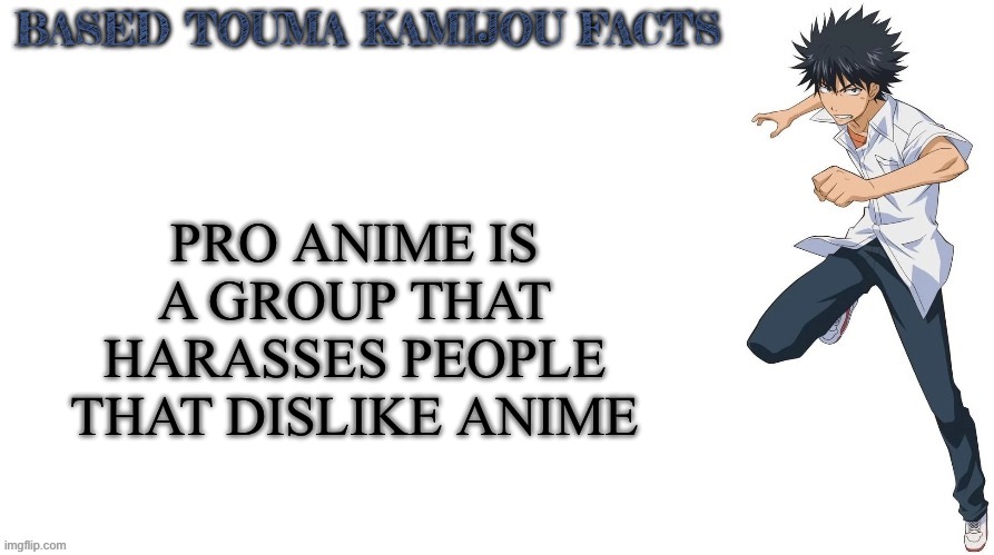 Based Touma Kamijou facts | PRO ANIME IS A GROUP THAT HARASSES PEOPLE THAT DISLIKE ANIME | image tagged in based touma kamijou facts,pro anime,anime,toaru | made w/ Imgflip meme maker