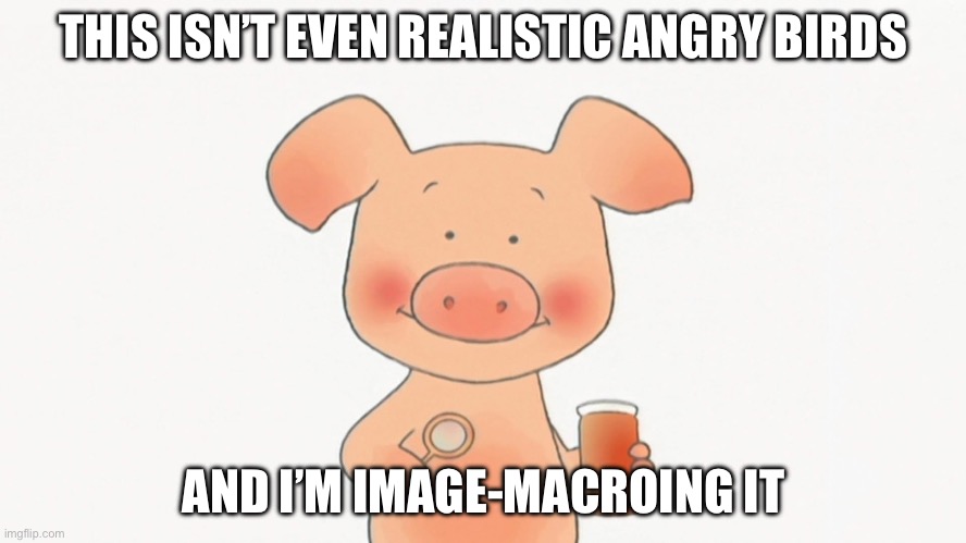 Greatest achievement in history | THIS ISN’T EVEN REALISTIC ANGRY BIRDS; AND I’M IMAGE-MACROING IT | image tagged in wibbly pig,realistic angry bird,angry birds,pig,bottom text | made w/ Imgflip meme maker